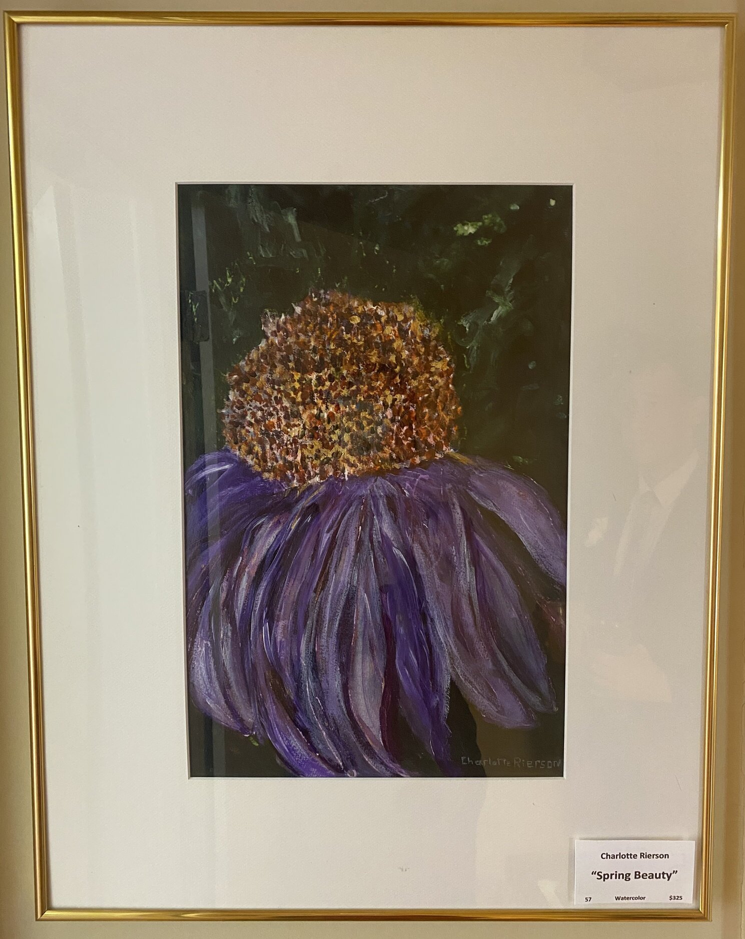 Watercolor titled Spring Beauty showing a close-up purple flower