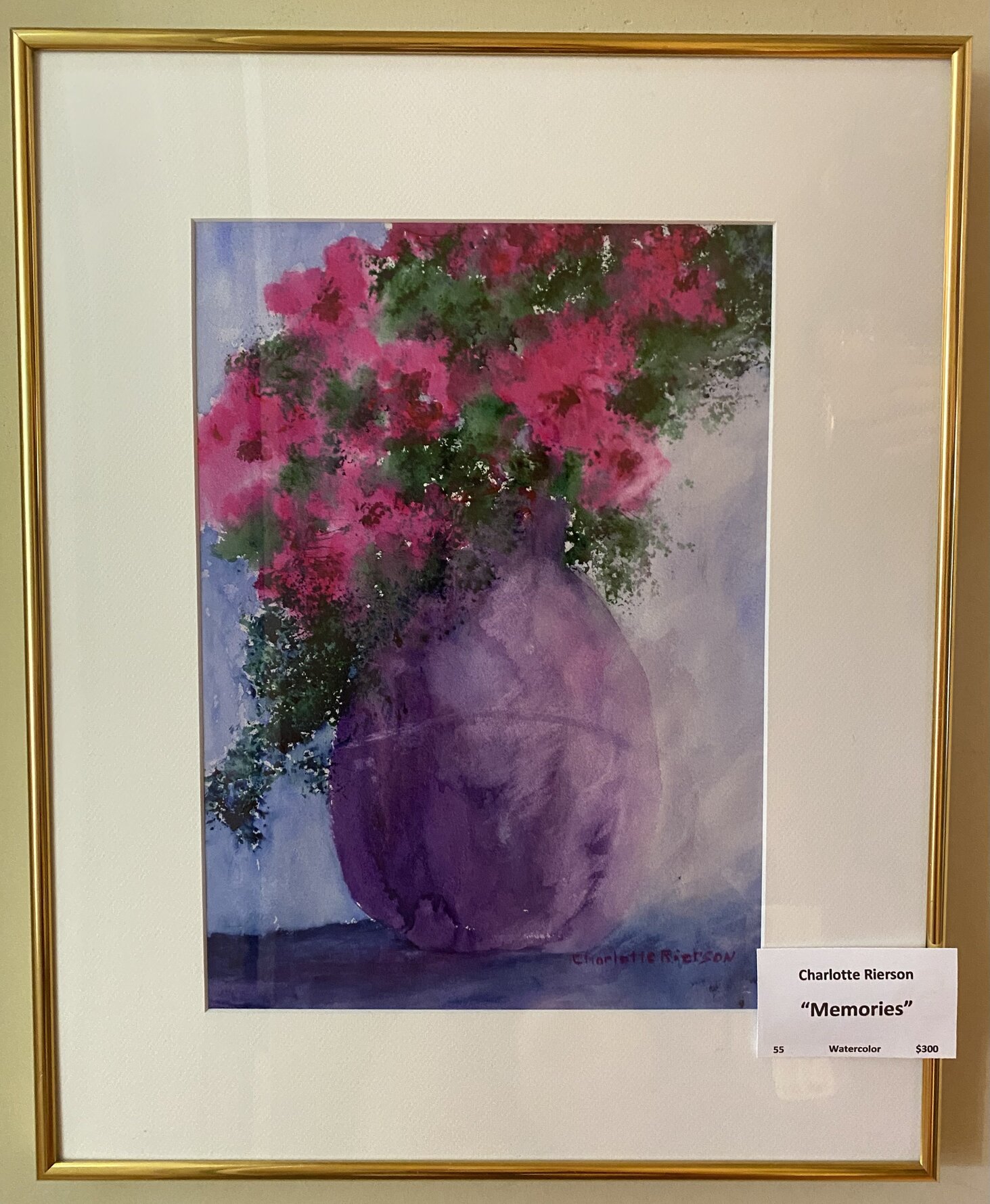 Watercolor titled Memories showing pink flowers in a purple vase