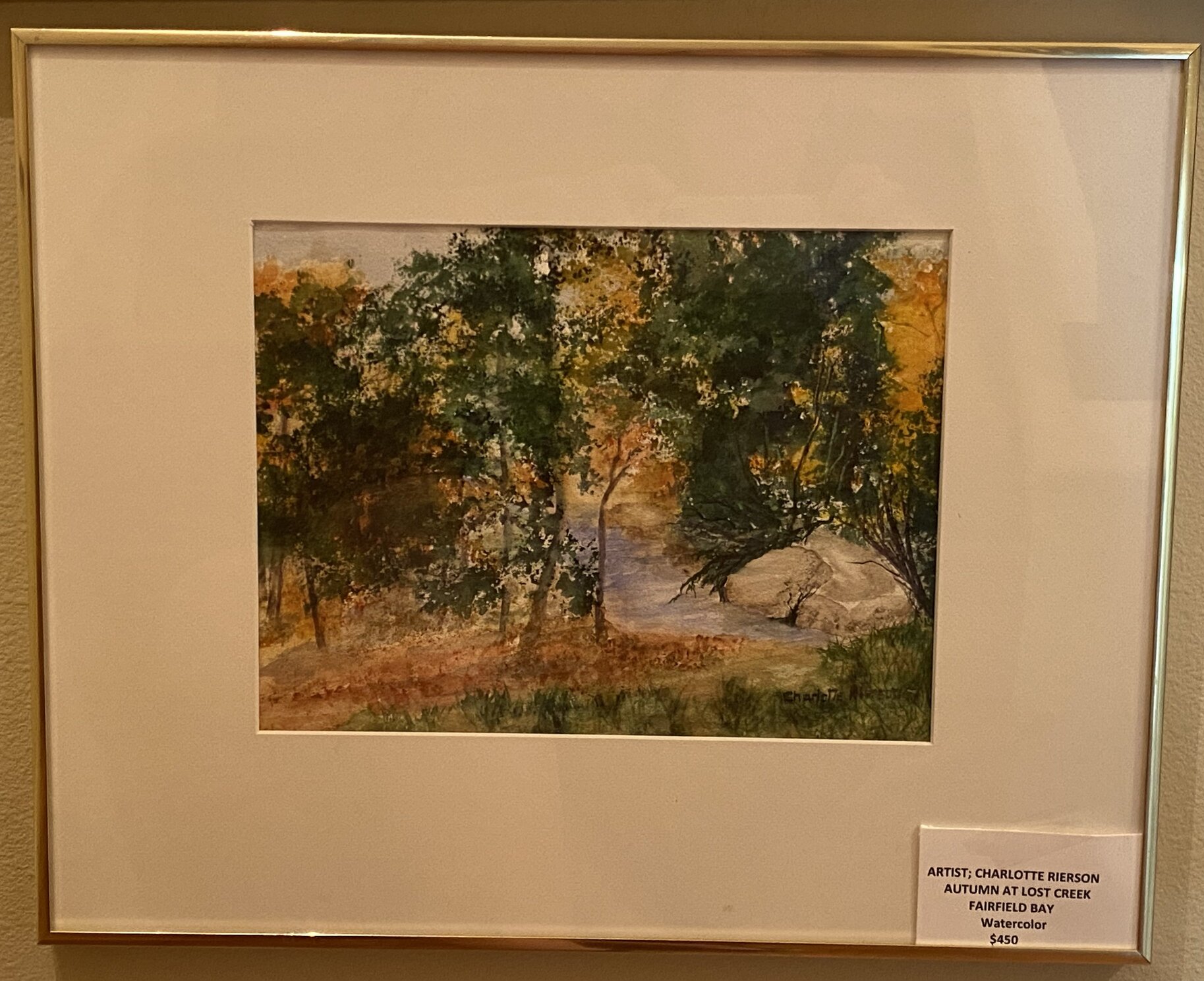 Watercolor landscape titled Autumn at Lost Creek with trees, creek water, and warm fall color