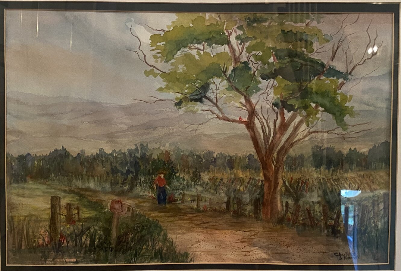 Watercolor landscape with a large tree beside a country road and distant hills