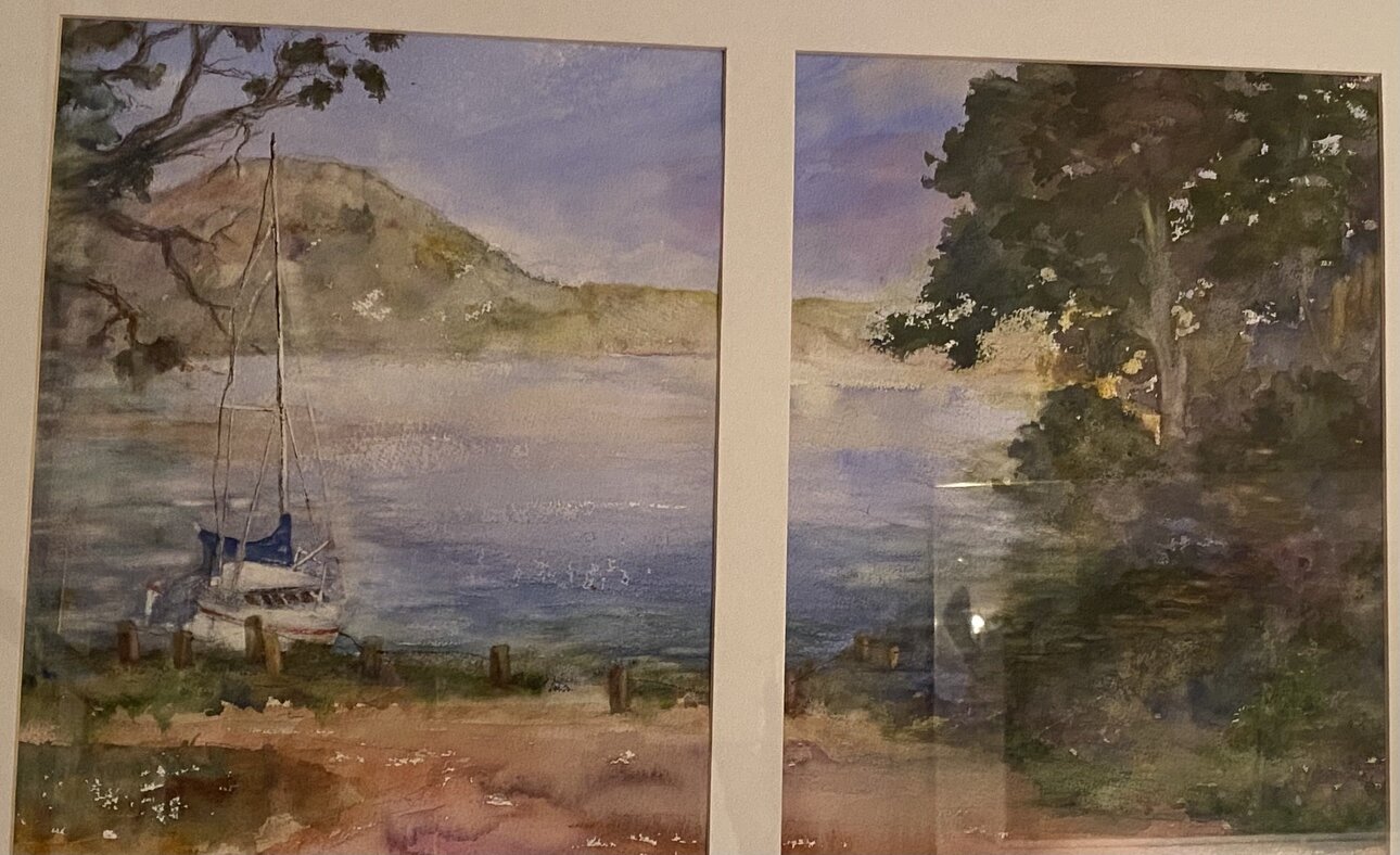 Two-panel watercolor lake scene with a small sailboat near shore