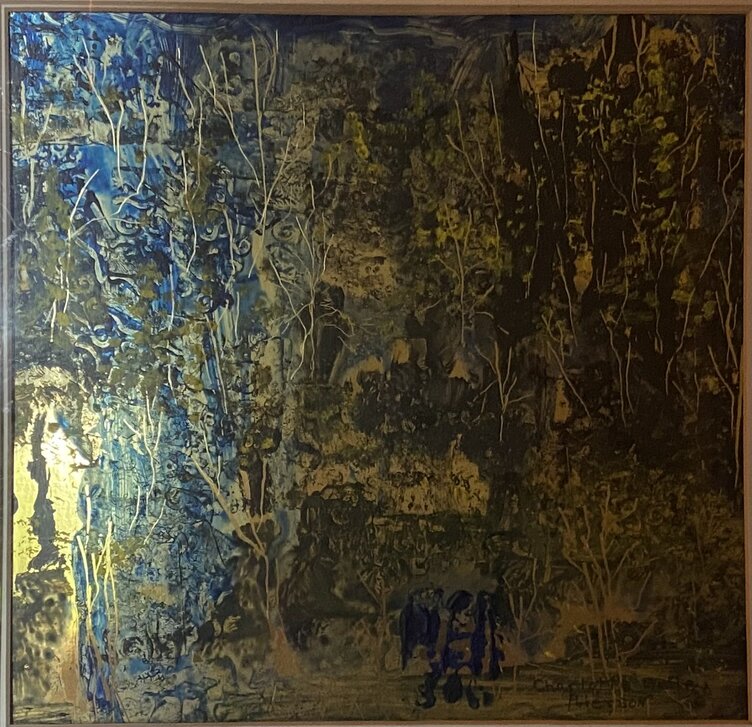 Dark abstract painting with blue, black, gold, and white branch-like lines
