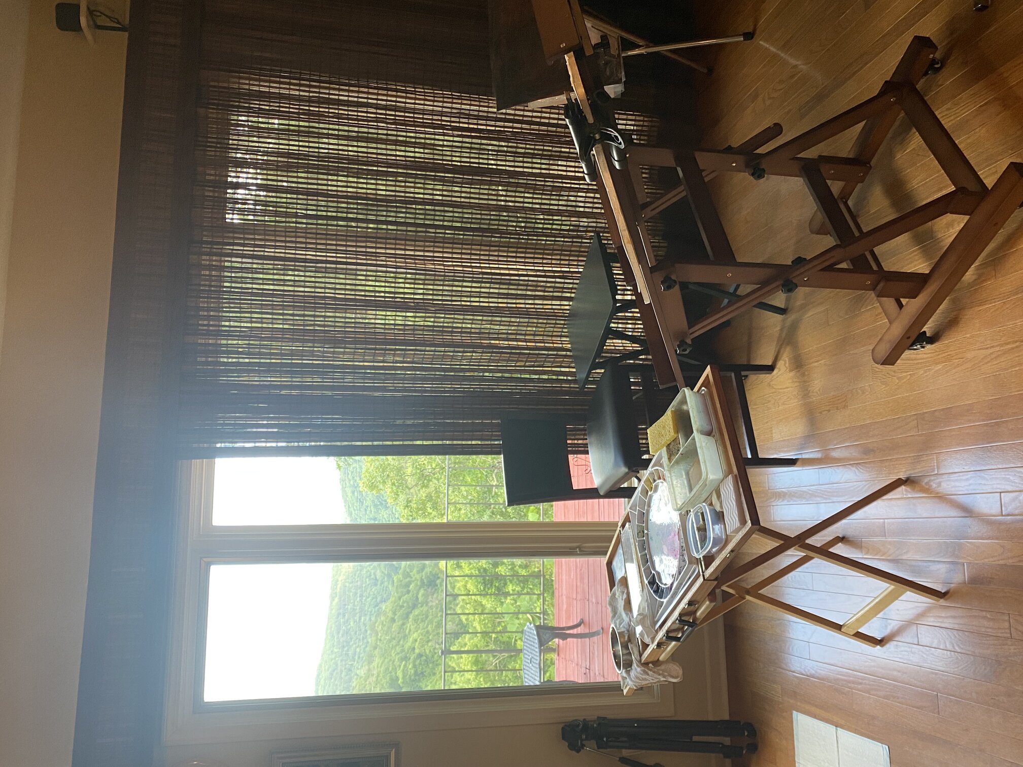 Artist studio with easel and watercolor supplies beside windows overlooking green hills