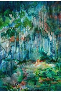 Abstract blue-green cave and stream painting titled My Secret Place