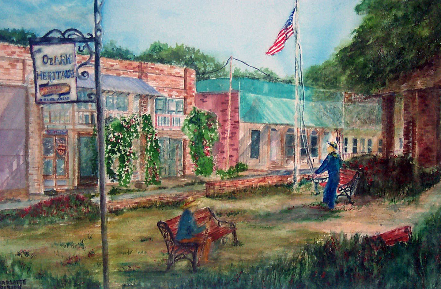 Street scene painting with Ozark Heritage sign titled Old Town Values
